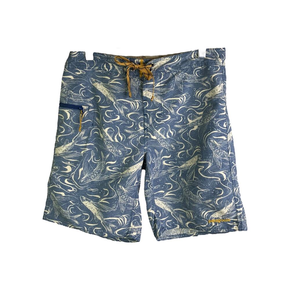 Patagonia Swim Shorts Mens Sz 30 Blue Water Fish Pattern Drawstring‎ Zip Pocket
